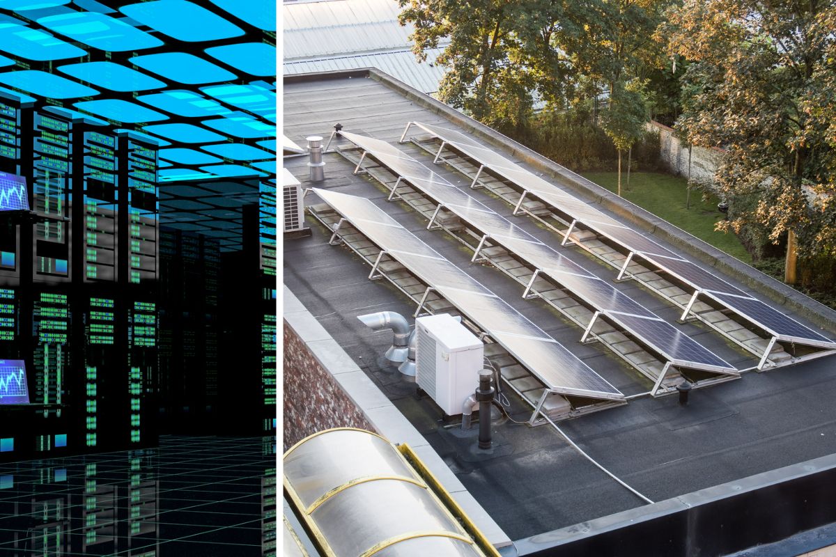 energy efficient flat roof data center with solar panels
